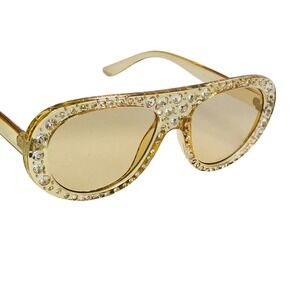 Rhinestone Sunglasses Women's Aviator Fashion Bling Elvis Shades‎ Beige Lens